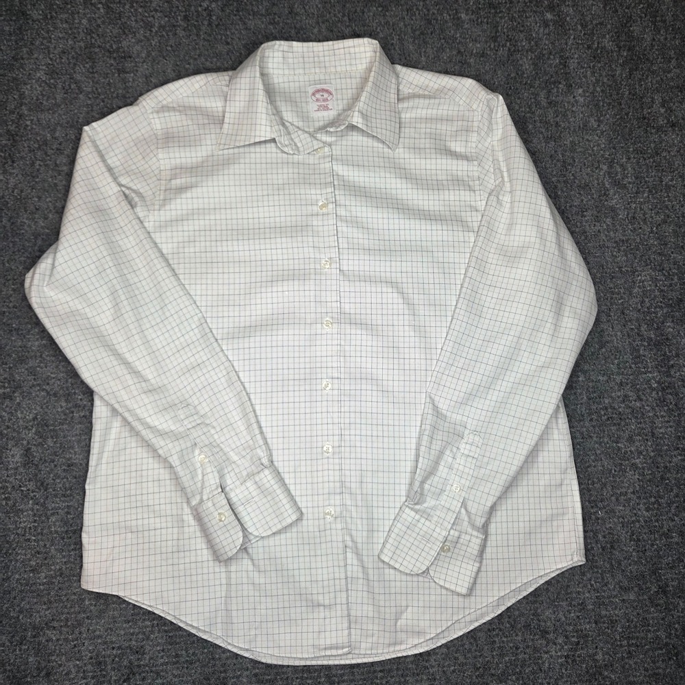 Brooks Brothers Womens 14 Non-Iron Cotton Button Down Shirt White Grid Classic